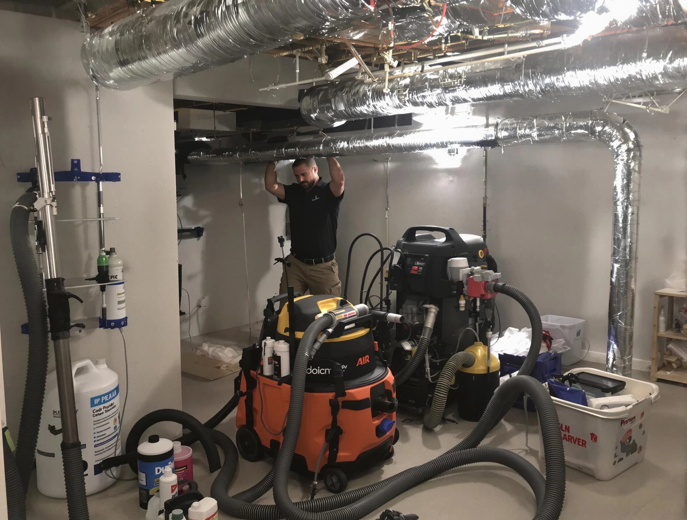 Columbia Air Duct Cleaning specialist performing professional mold removal from air ducts using safety equipment in Columbia